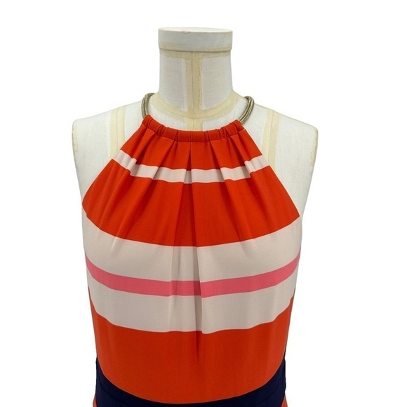 NEW ELIZA J Striped Pleated Halter Maxi Dress Gold Choker Closure Size 10 - Picture 6 of 15
